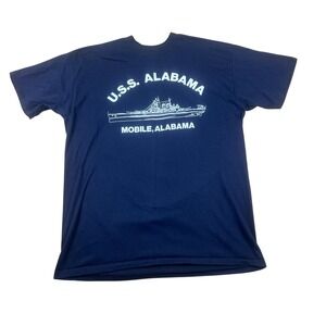 Vintage USS Alabama Battleship T-Shirt Mens Large Navy Blue Mobile AL Graphic